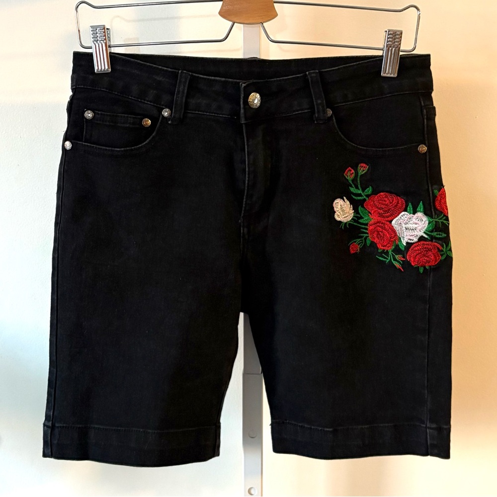Black Denim Embroidered Rose Floral Shorts